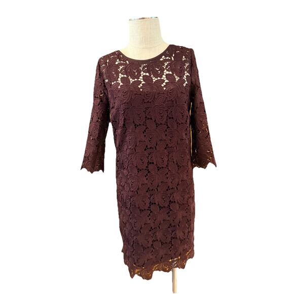 LOFT Dresses & Skirts - Loft Shift Dress Womens Size 8 Fig Maroon Lace Floral 3/4 Sleeve Back Zipper